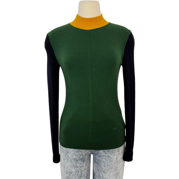 Tory Burch Merino Wool Mock Neck Sweater Pullover Long Sleeve Green Colorblock S - Picture 1 of 11